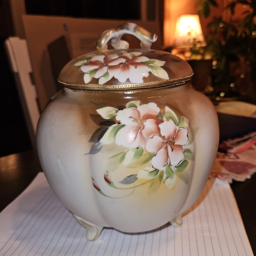 Antique Nippon Porcelain Biscuit Cookie Footed Jar Gold Trim with Lid